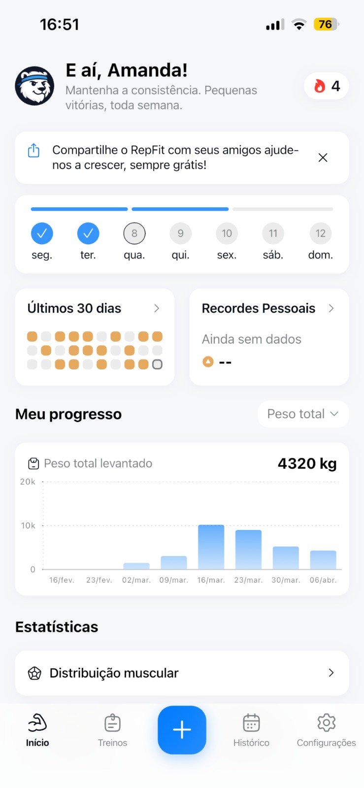 Tela inicial do app RepFit no celular