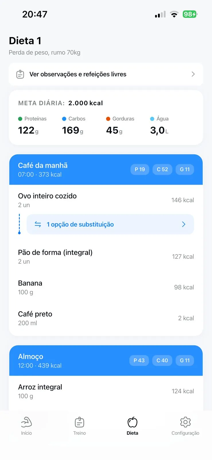 Tela de dieta do app RepFit, com as refeições do dia
