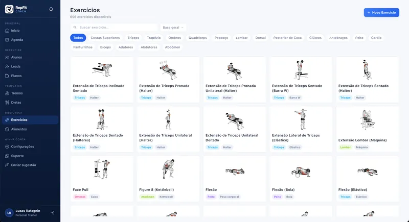 Biblioteca de exercícios do RepFit, por grupo muscular e equipamento